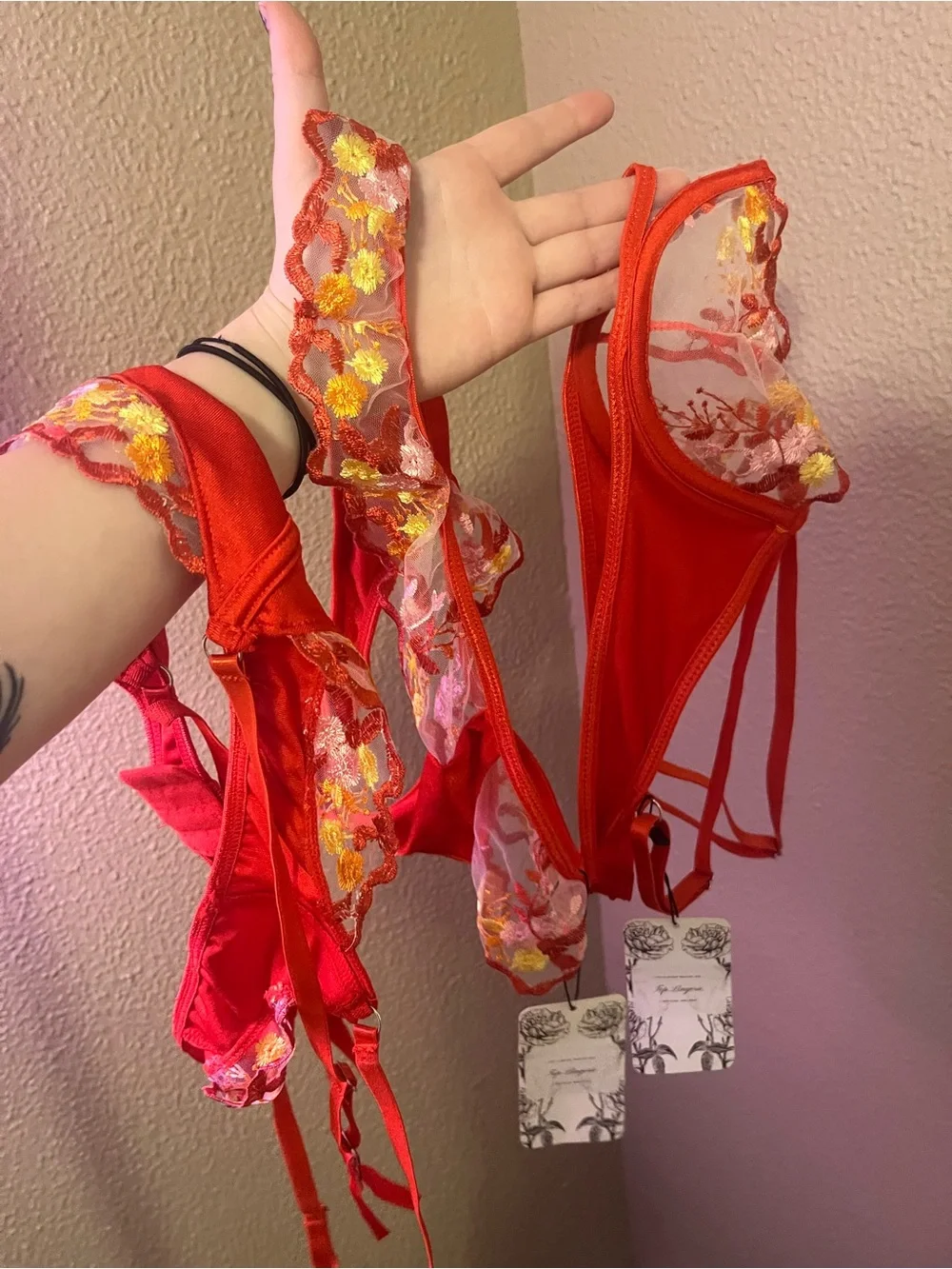 Dolls Kill Red Floral Embroidered Satin Lingerie Set